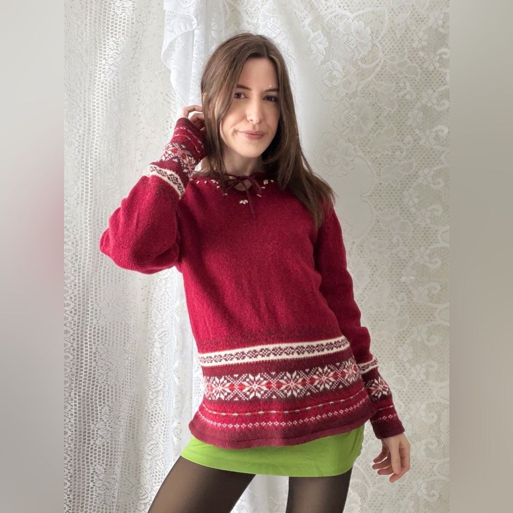 Vintage Erika & Co Burgundy Knit Sweater Embroidered Winter Pullover